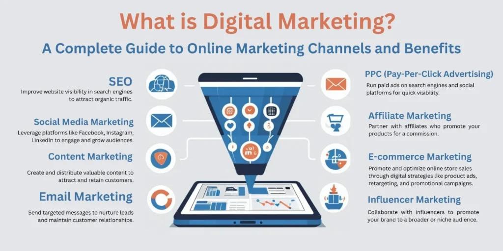 Infographic explaining what is digital marketing with core components like SEO, social media, email marketing, PPC, and benefits such as global reach and real-time tracking.
